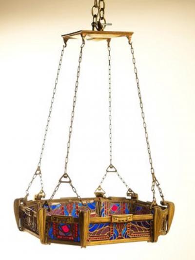 Paul Follot Paul Follot Bronze and Leaded Glass Ceiling Fixture