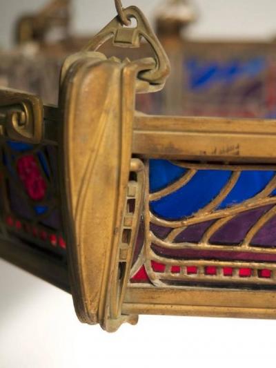 Paul Follot Paul Follot Bronze and Leaded Glass Ceiling Fixture