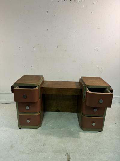 Paul Frankl ART DECO MODERNIST CORAL LEATHER BURLWOOD DESK VANITY MACHINE AGE HANDLES