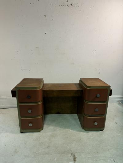 Paul Frankl ART DECO MODERNIST CORAL LEATHER BURLWOOD DESK VANITY MACHINE AGE HANDLES