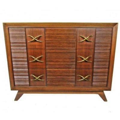 Paul Frankl American Modern Dark Walnut and Brass Three Drawer Chest Paul Frankl