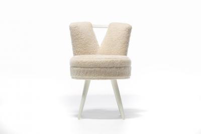 Paul Frankl Custom Vanity Stool in Ivory Cream Shearling with Leather Trim