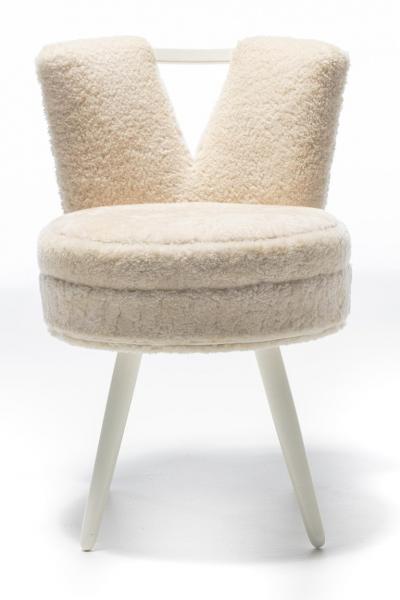 Paul Frankl Custom Vanity Stool in Ivory Cream Shearling with Leather Trim