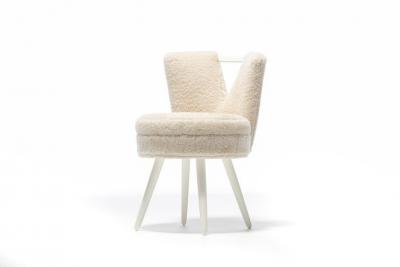 Paul Frankl Custom Vanity Stool in Ivory Cream Shearling with Leather Trim