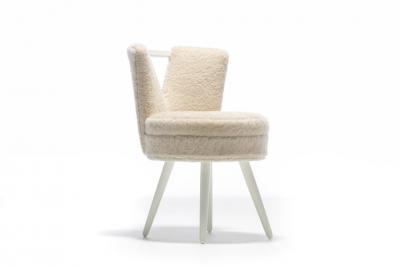 Paul Frankl Custom Vanity Stool in Ivory Cream Shearling with Leather Trim