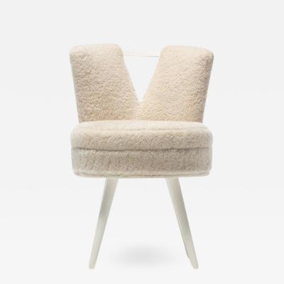 Paul Frankl Custom Vanity Stool in Ivory Cream Shearling with Leather Trim