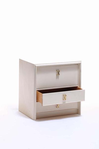 Paul Frankl Pair of Paul Frankl Ivory Lacquered Nightstands with Brass X Pulls circa 1950