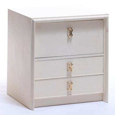 Paul Frankl Pair of Paul Frankl Ivory Lacquered Nightstands with Brass X Pulls circa 1950