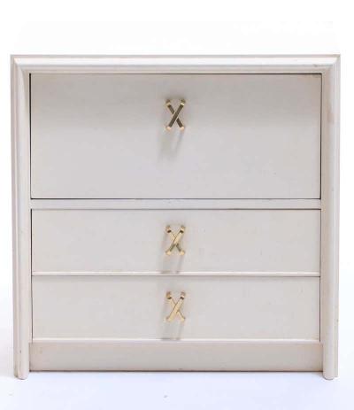 Paul Frankl Pair of Paul Frankl Ivory Lacquered Nightstands with Brass X Pulls circa 1950