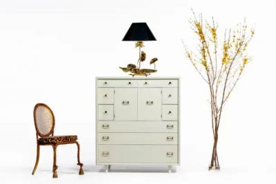 Paul Frankl Paul Frankl Tall Chest in White Chocolate Lacquer with Brass Hardware c 1950s