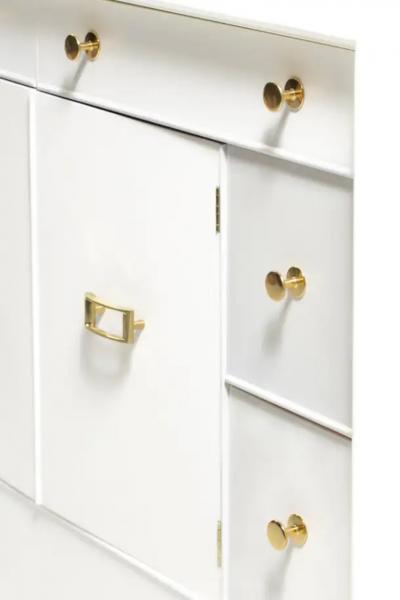 Paul Frankl Paul Frankl Tall Chest in White Chocolate Lacquer with Brass Hardware c 1950s