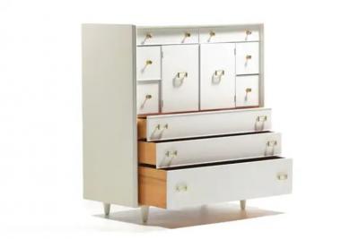Paul Frankl Paul Frankl Tall Chest in White Chocolate Lacquer with Brass Hardware c 1950s