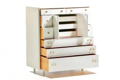 Paul Frankl Paul Frankl Tall Chest in White Chocolate Lacquer with Brass Hardware c 1950s