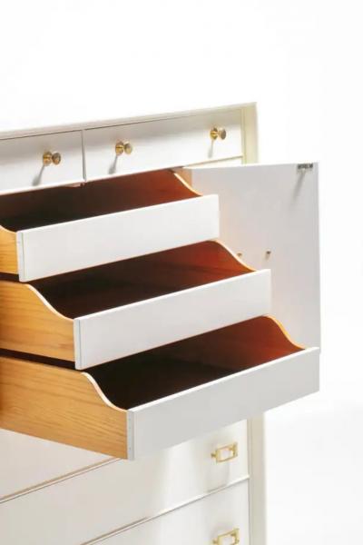 Paul Frankl Paul Frankl Tall Chest in White Chocolate Lacquer with Brass Hardware c 1950s