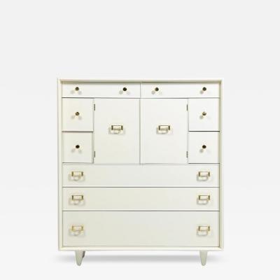 Paul Frankl Paul Frankl Tall Chest in White Chocolate Lacquer with Brass Hardware c 1950s