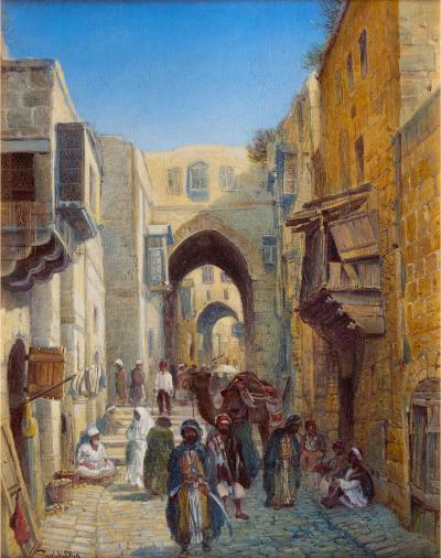 Paul H Ellis Orientalist oil painting of a Jerusalem street by Ellis