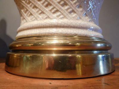 Paul Hanson Pair of Ceramic Basket Weave Paul Hanson Lamps with Ivory Crackle Glaze