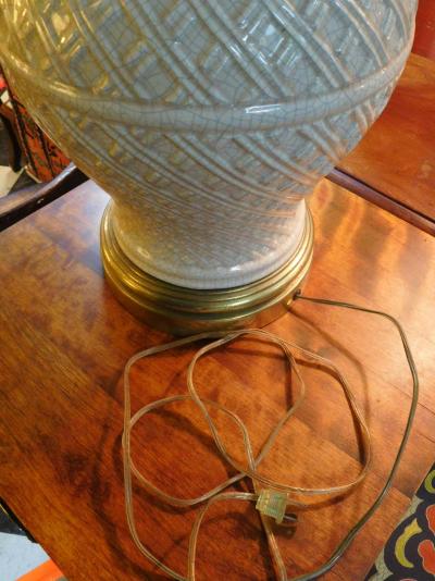 Paul Hanson Pair of Ceramic Basket Weave Paul Hanson Lamps with Ivory Crackle Glaze