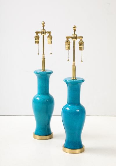 Paul Hanson Pair of Cerulean Blue crackle Glazed Ceramic Lamps