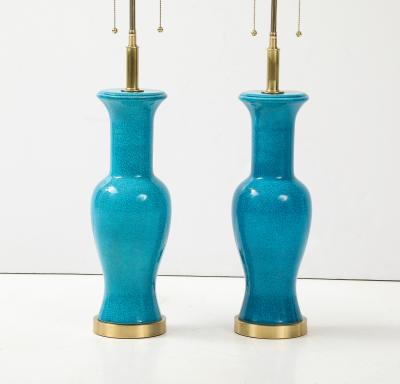 Paul Hanson Pair of Cerulean Blue crackle Glazed Ceramic Lamps