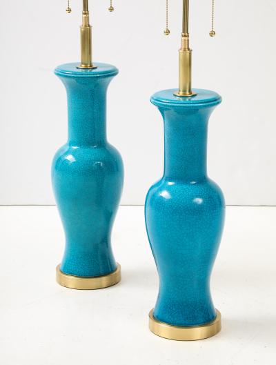 Paul Hanson Pair of Cerulean Blue crackle Glazed Ceramic Lamps