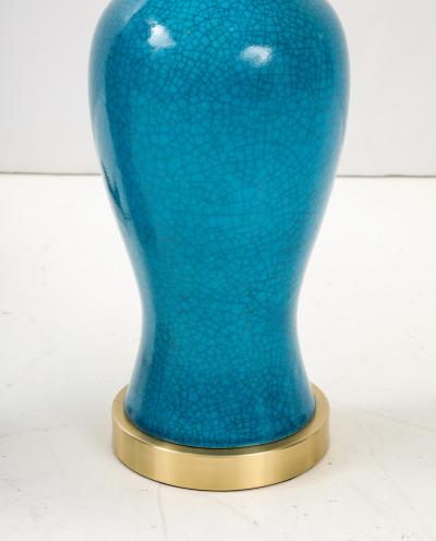 Paul Hanson Pair of Cerulean Blue crackle Glazed Ceramic Lamps