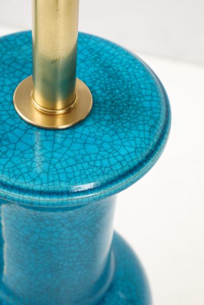 Paul Hanson Pair of Cerulean Blue crackle Glazed Ceramic Lamps