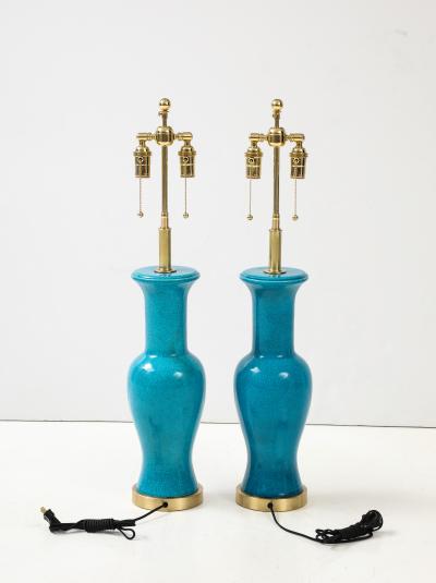 Paul Hanson Pair of Cerulean Blue crackle Glazed Ceramic Lamps