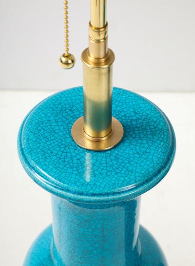 Paul Hanson Pair of Cerulean Blue crackle Glazed Ceramic Lamps