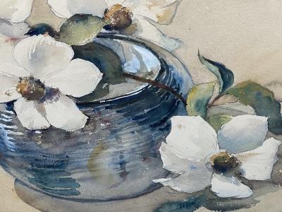 Paul J Immel Watercolor on Paper Paul Immel 1896 1964 white flowers in a blue bowl