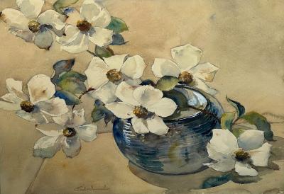 Paul J Immel Watercolor on Paper Paul Immel 1896 1964 white flowers in a blue bowl