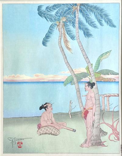 Paul Jacoulet Framed Japanese Woodblock Print Apres La Pluie Tarang Yap by Paul Jacoulet