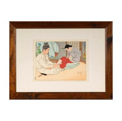Paul Jacoulet Framed Woodblock Print La Lettre du Fils Coree Early Version by Paul Jacoulet