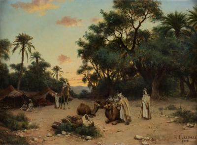 Paul Jean Baptiste Lazerges Large Orientalist Painting Twilight Caravan Desert by Lazerges