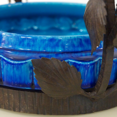 Paul Jean Milet French Art Nouveau Paul Milet Sevres Ceramic Flower Wrought Iron Turquoise Bowl