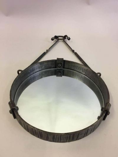 Paul Kiss French Mid Century Modern Round Wrought Iron Mirror Attr Paul Kiss circa 1930