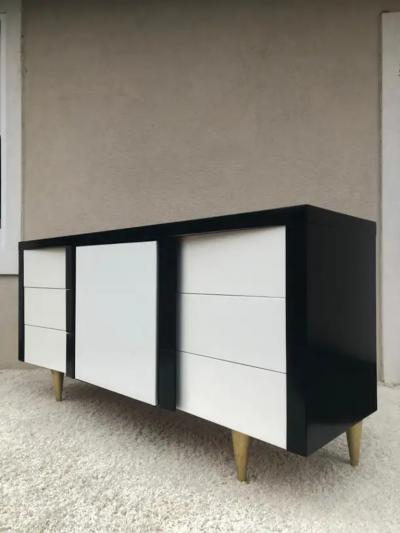 Paul L szl Billy Haines Style Dark Walnut White Lacquered Leather Cabinet Chest Metal Leg