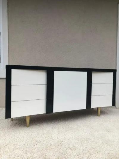 Paul L szl Billy Haines Style Dark Walnut White Lacquered Leather Cabinet Chest Metal Leg