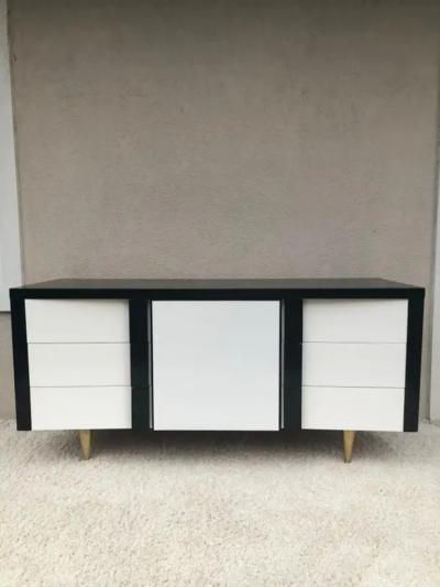 Paul L szl Billy Haines Style Dark Walnut White Lacquered Leather Cabinet Chest Metal Leg