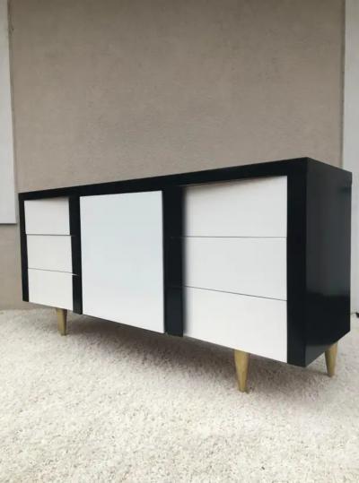 Paul L szl Billy Haines Style Dark Walnut White Lacquered Leather Cabinet Chest Metal Leg