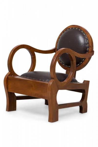 Paul L szl Pair of Hungarian Walnut Distressed Leather Art Deco Club Chairs Lajos Kozma