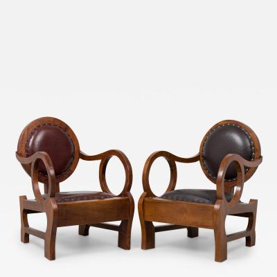 Paul L szl Pair of Hungarian Walnut Distressed Leather Art Deco Club Chairs Lajos Kozma