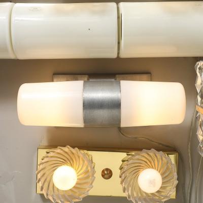 Paul Mayen Mid Century Milk Glass Brushed Aluminum Cylindrical Vanity Light by Paul Mayen
