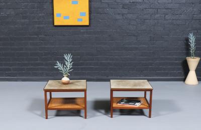 Paul McCobb Paul McCobb Leather Top Side Tables w Cane Shelves for Calvin Furniture