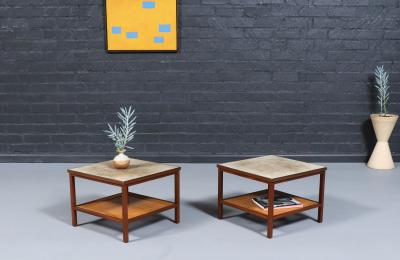 Paul McCobb Paul McCobb Leather Top Side Tables w Cane Shelves for Calvin Furniture