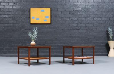 Paul McCobb Paul McCobb Leather Top Side Tables w Cane Shelves for Calvin Furniture