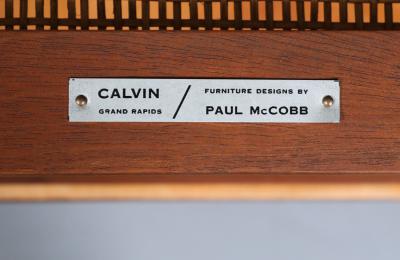 Paul McCobb Paul McCobb Leather Top Side Tables w Cane Shelves for Calvin Furniture