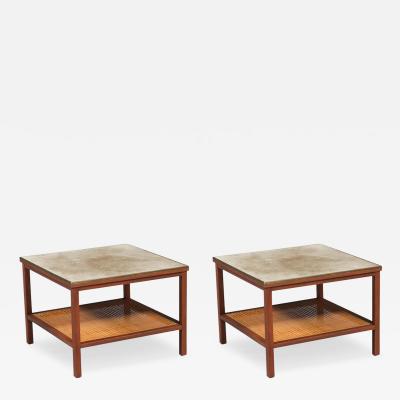 Paul McCobb Paul McCobb Leather Top Side Tables w Cane Shelves for Calvin Furniture