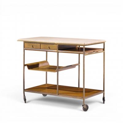 Paul McCobb Paul McCobb for Calvin Irwin Collection Travertine Brass and Mahogany Bar Cart