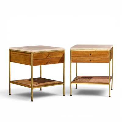 Paul McCobb Paul McCobb for Calvin Irwin Group Mahogany Cane Travertine Nightstand Pair